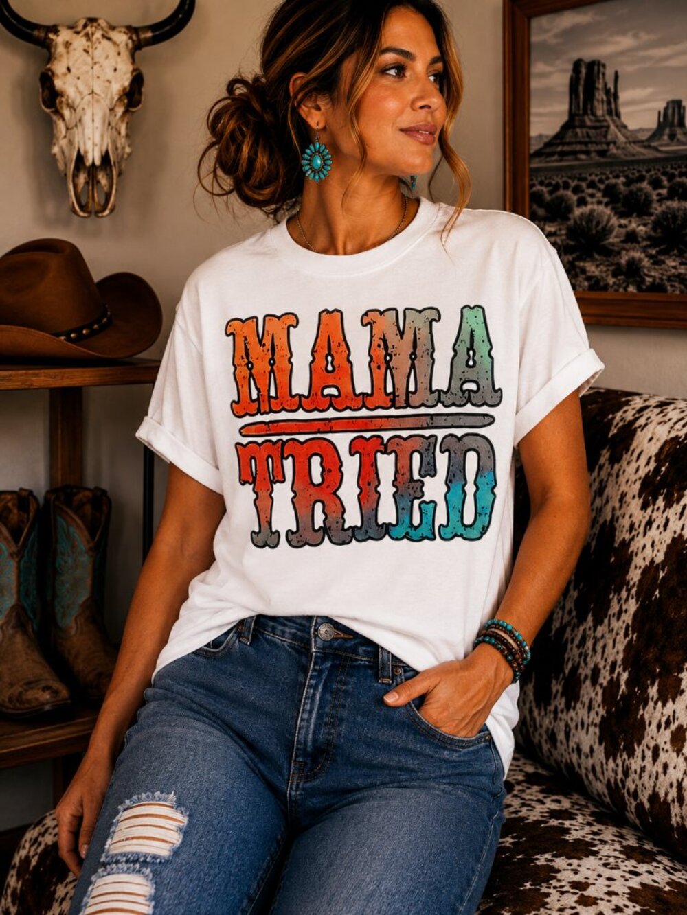 Mama Tried Western Graphic T Shirt Trendy Boutique Style Tee Womens White